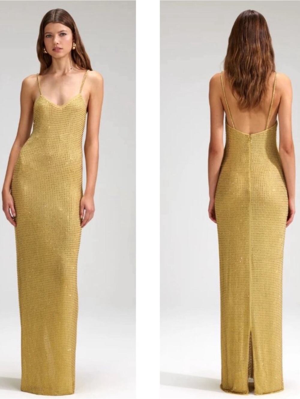 SELF-PORTRAIT Rhinestone Embellished Mesh Yellow Gold Maxi Dress Size 6